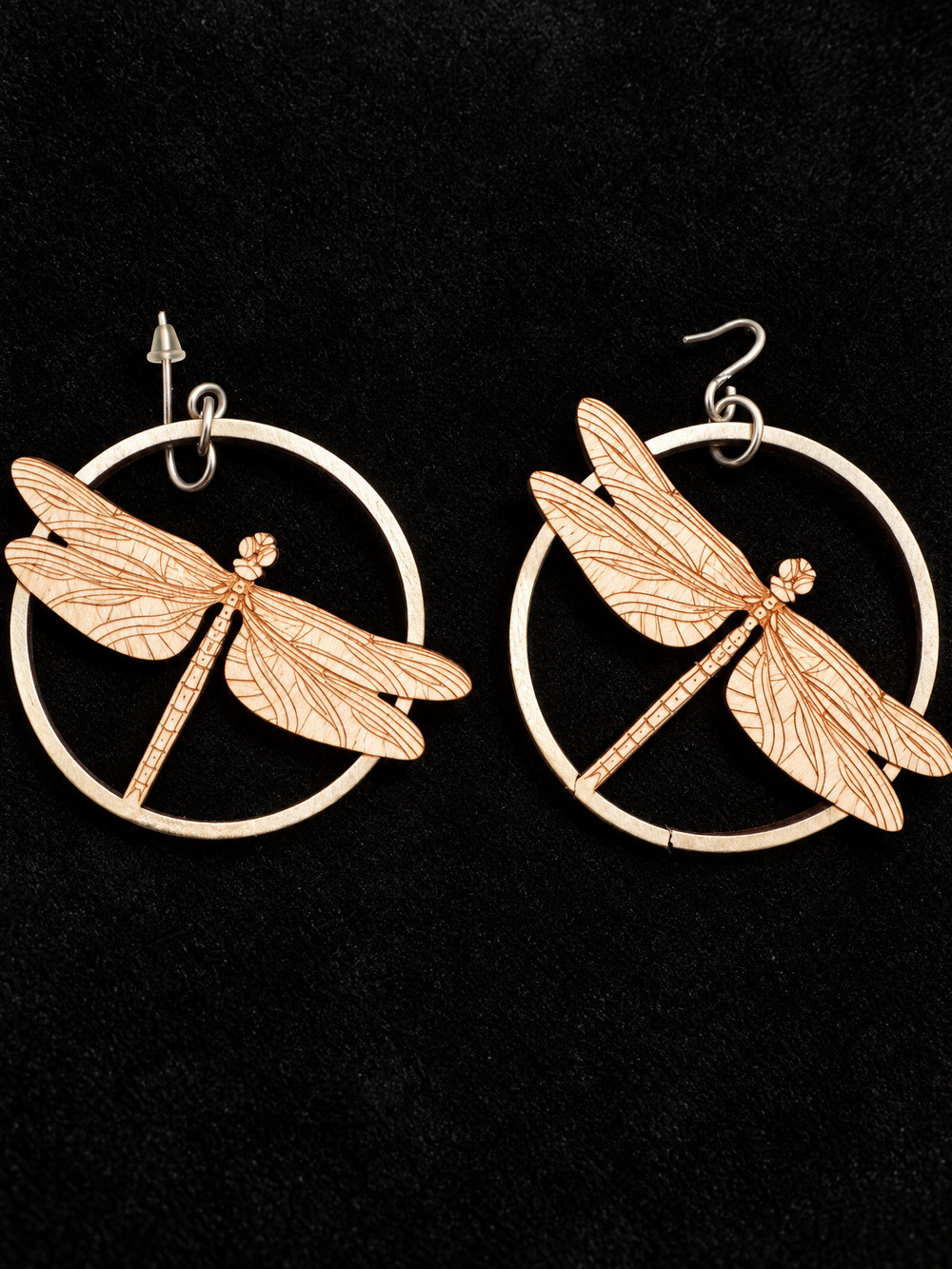 ⚜️ Laser-Engraved Wood | Dragonfly Hoop Earrings | Natural/Silver-Tone 💗